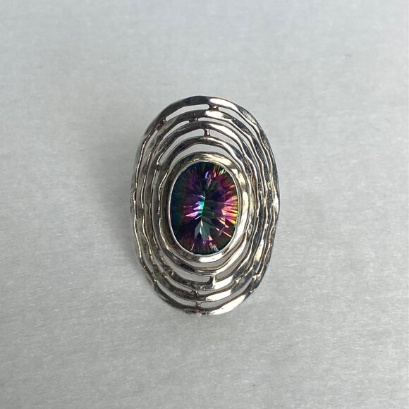 Sterling Silver 925 India Large Bezel Set Oval Mystic Quartz Statement Ring 5.5 - Picture 12 of 16